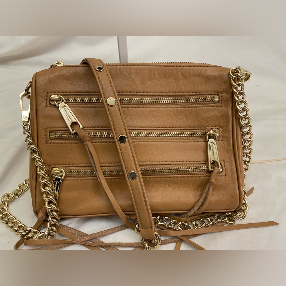 Rebecca Minkoff Camel Crossbody With Tassel Zippers. Studded long strap EUC